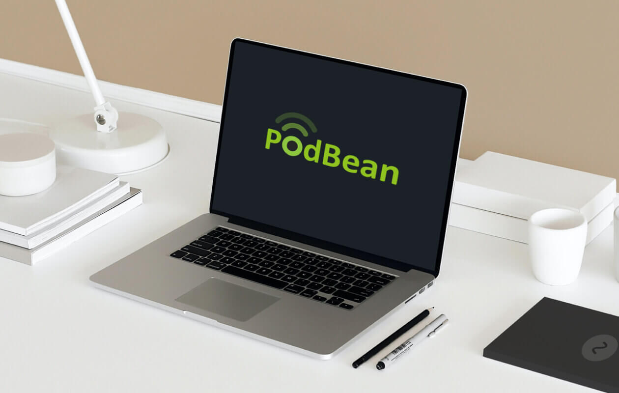 Podbean logo on a laptop.