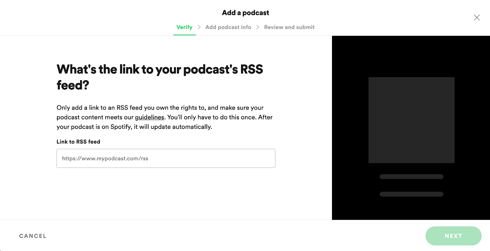 The webpage for uploading a podcast to Spotify with an RSS link