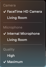 quicktime settings menu camera, microphone, quality