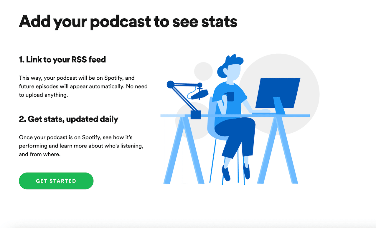 Spotify podcast page for linking your podcast RSS feed to receive stats