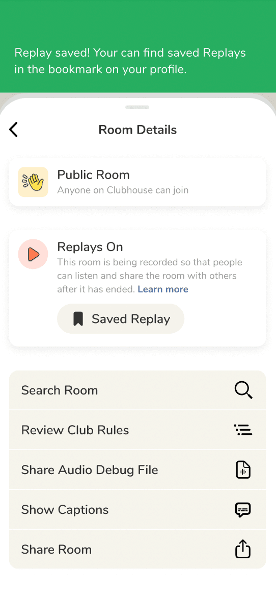 The Clubhouse Replays feature for recording audio in open rooms on Clubhouse.