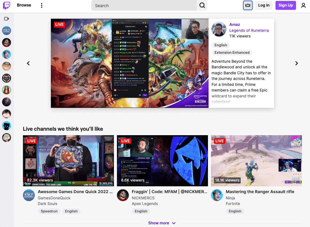 Live stream platform, Twitch home page.