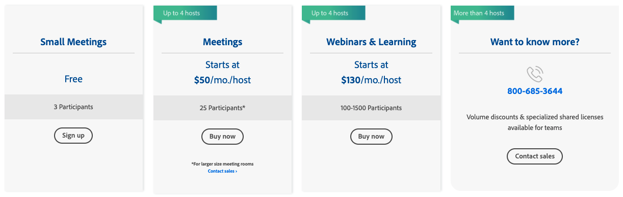 Adobe Connect pricing for meetings and webinars.