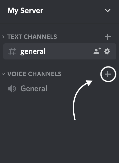 The + button to create a new Discord text or voice channel.