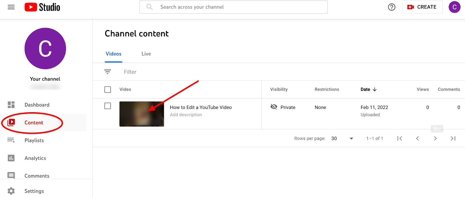 The YouTube content tab for finding uploaded videos.