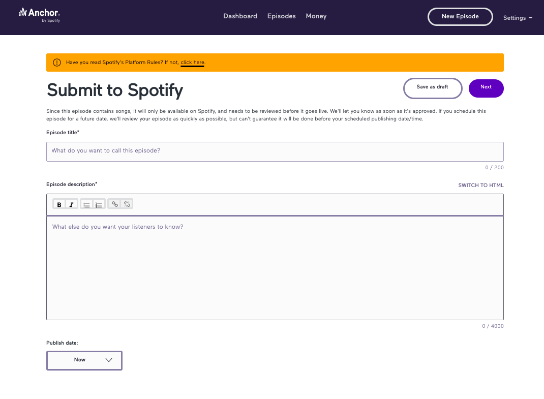 Entering episode details to submit a podcast to Spotify through Anchor.