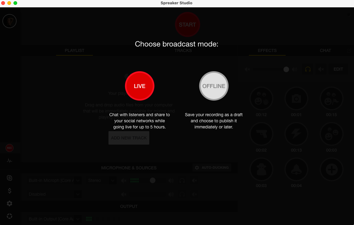 Pop up menu to choose between a live or offline podcast recording on Spreaker.