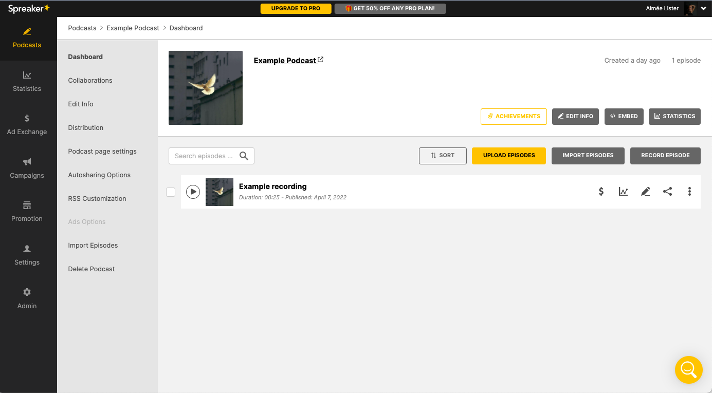 Podcast episode recording saved in Spreaker's content management system.