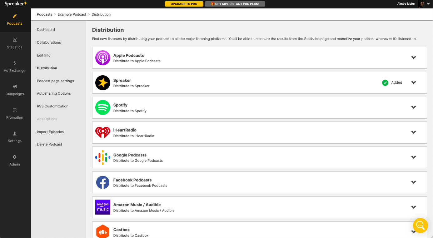 Selecting platforms to distribute a podcast to from Spreaker