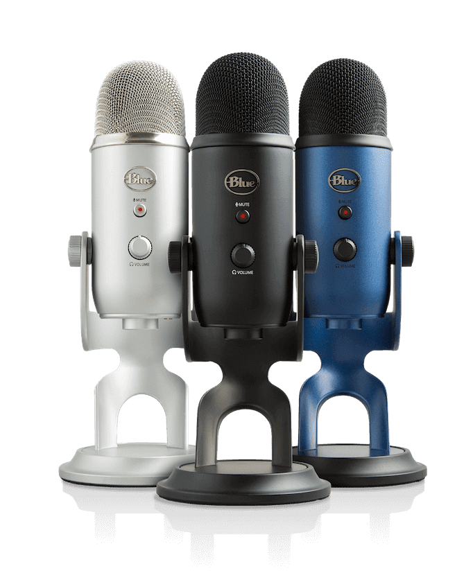 Blue Yeti USB podcast microphones in silver black and blue.