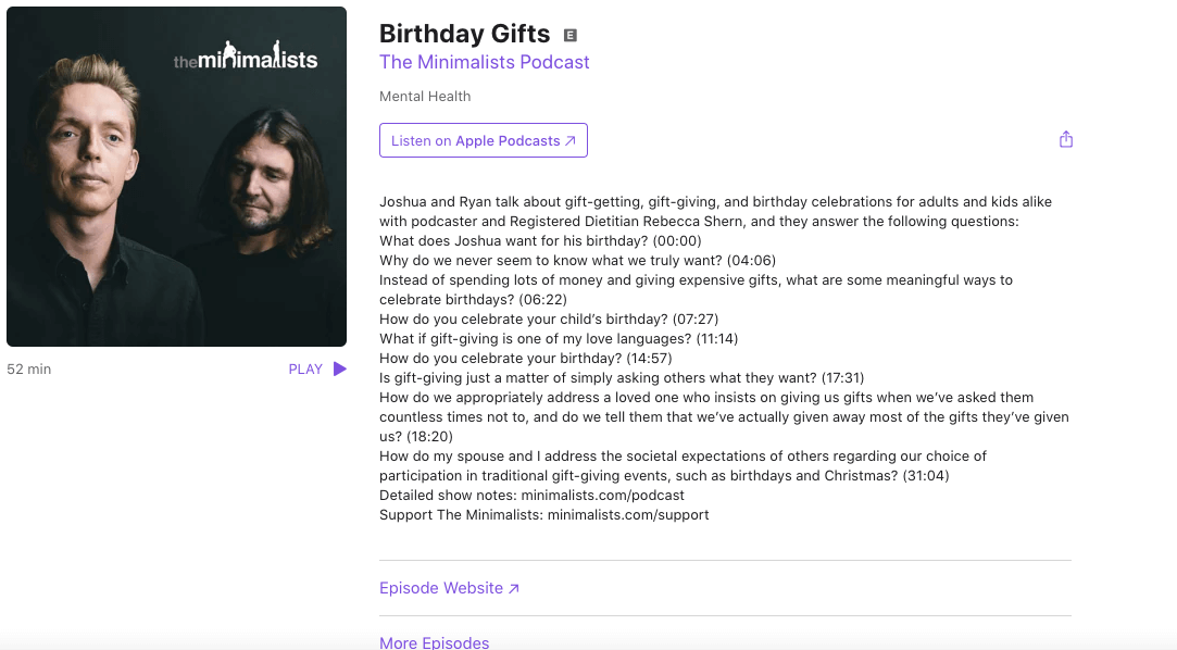 Birthday Gifts episode the minimalists podcast