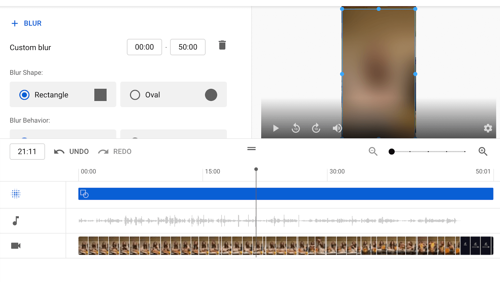 Using the blur tool to edit a video on YouTube.