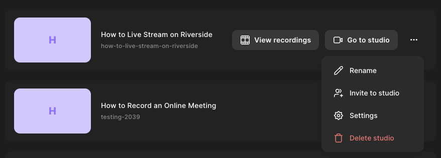 Getting to a studio's LinkedIn Live stream settings on Riverside