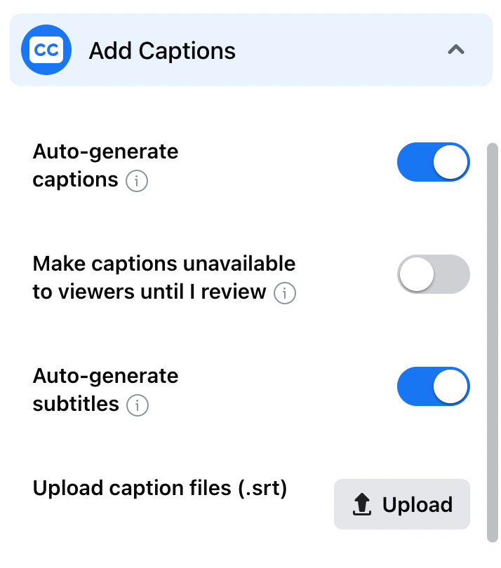 Options for adding captions to a video on Facebook