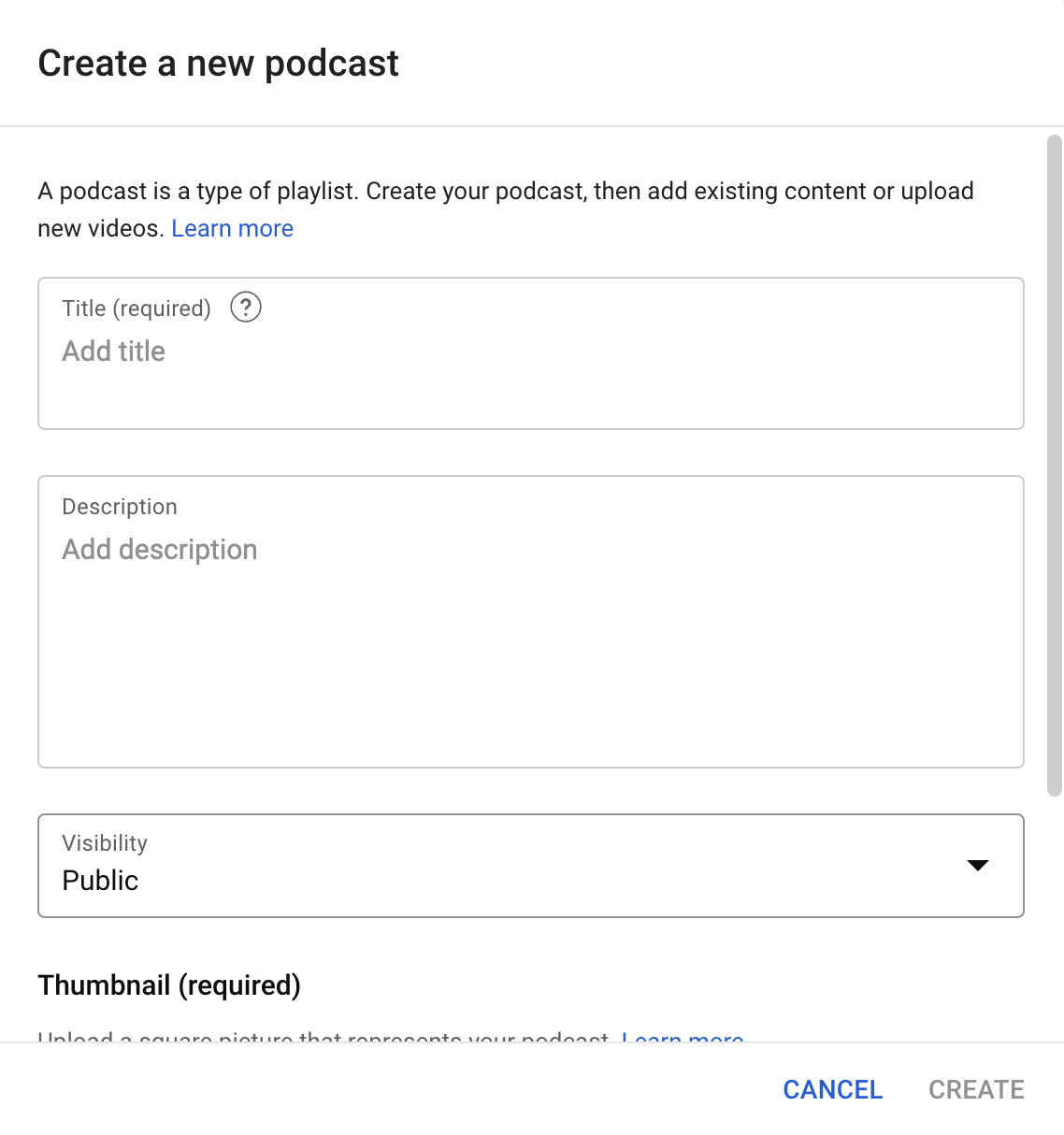 Entering details to publish a podcast on YouTube